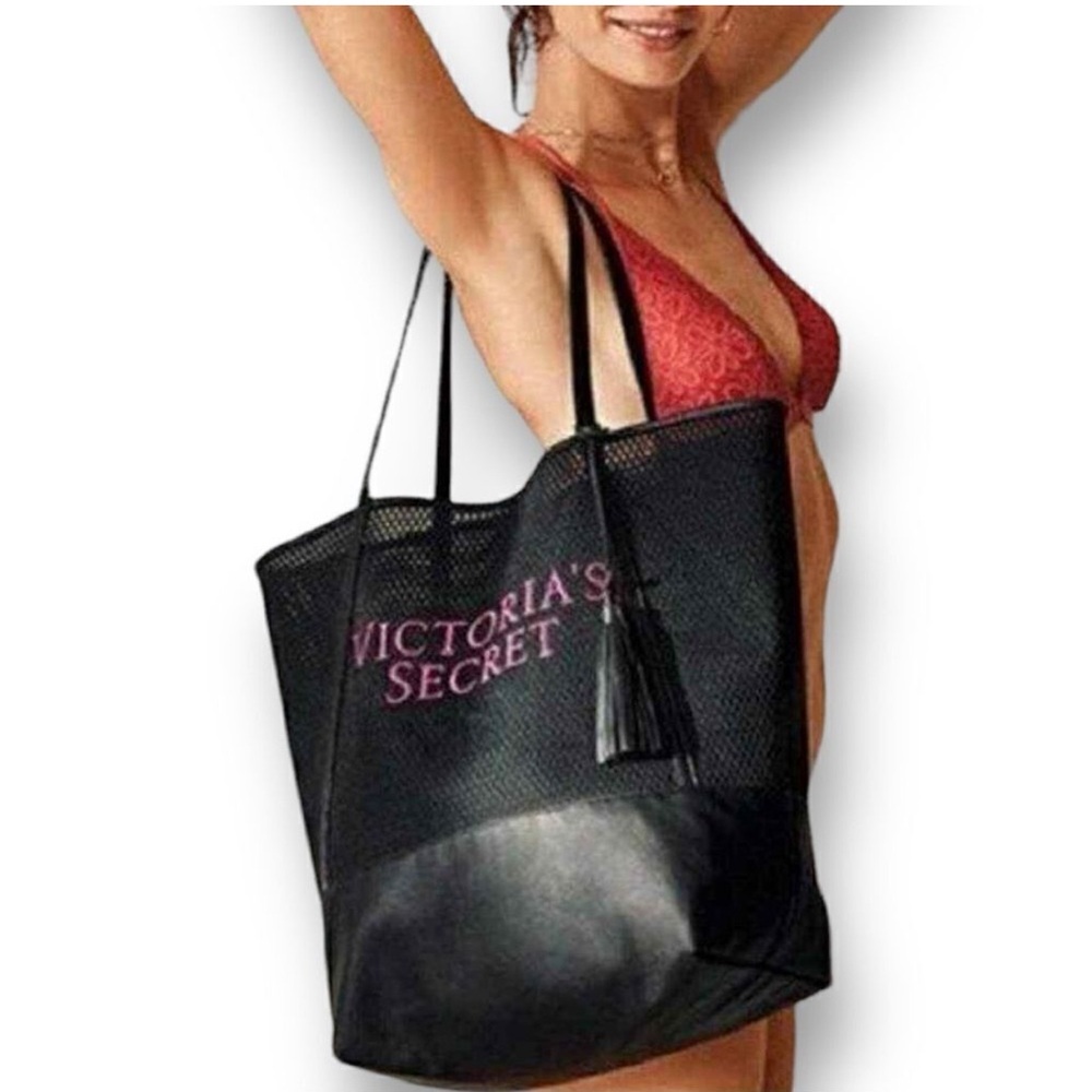 NEW Victoria's Secret Black Perforated Mesh Tote Bag With Pink Embroidery